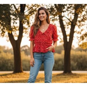 Forever 21 Red Floral Ruffle Peplum Top Womens M Cottagecore Boho Romantic Sheer